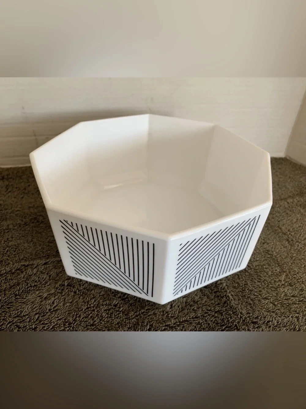 Vintage Hexagonal White Ceramic Accent Bowl with Black Linear Pattern